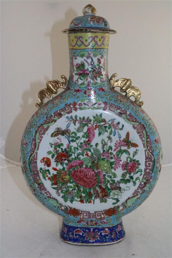 A large Chinese Canton-decorated famille rose moon flask and cover, 19th century, 44cm, restoration